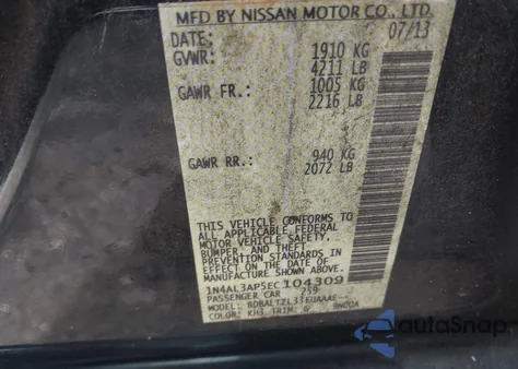 2014 Nissan Altima 2.5 Sv z USA, uszkodzony, nr VIN 1N4AL3AP5EC104309